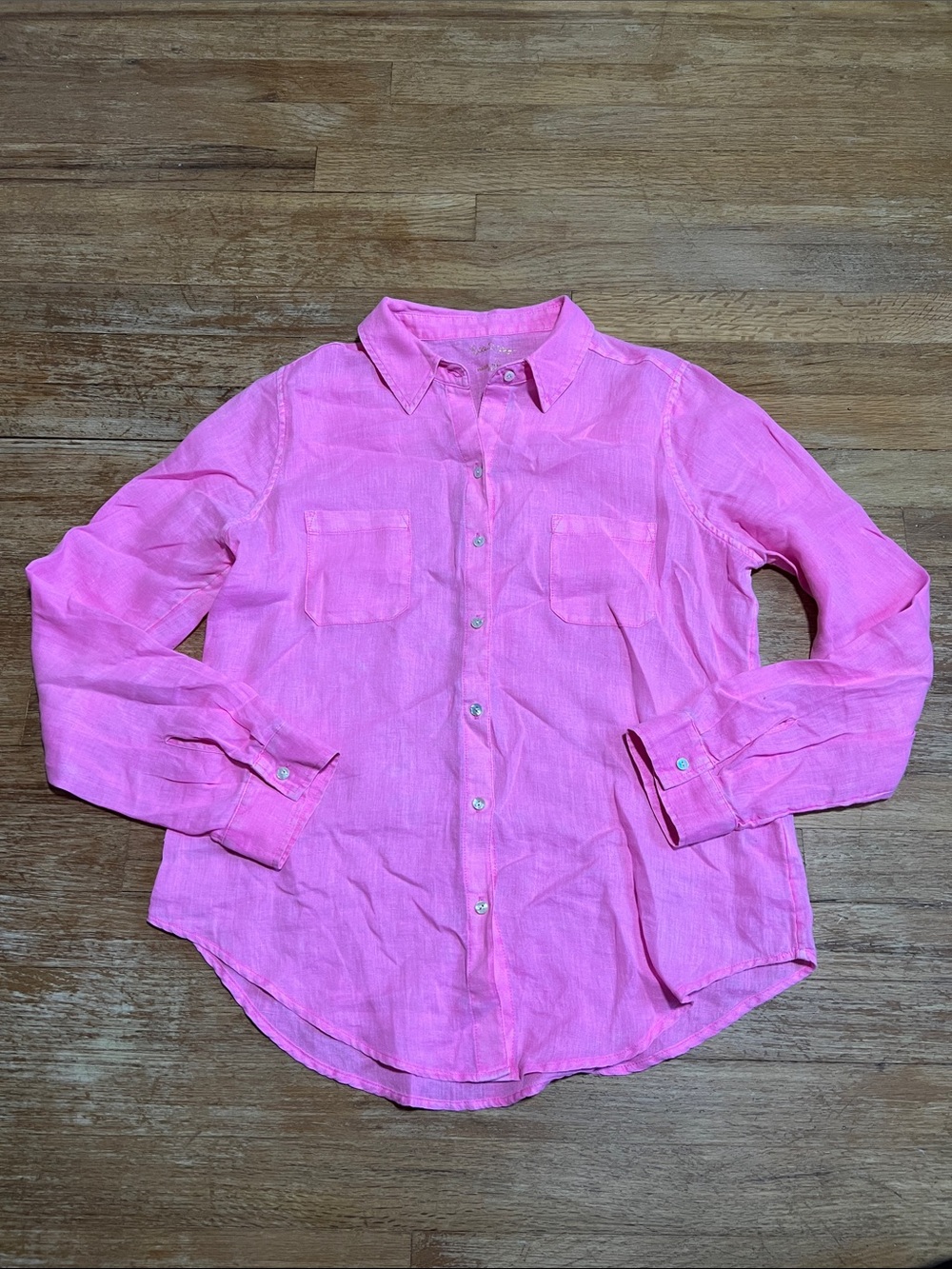 Lilly Pulitzer Pink Sea View Button Down Shirt Linen Long Sleeve size small